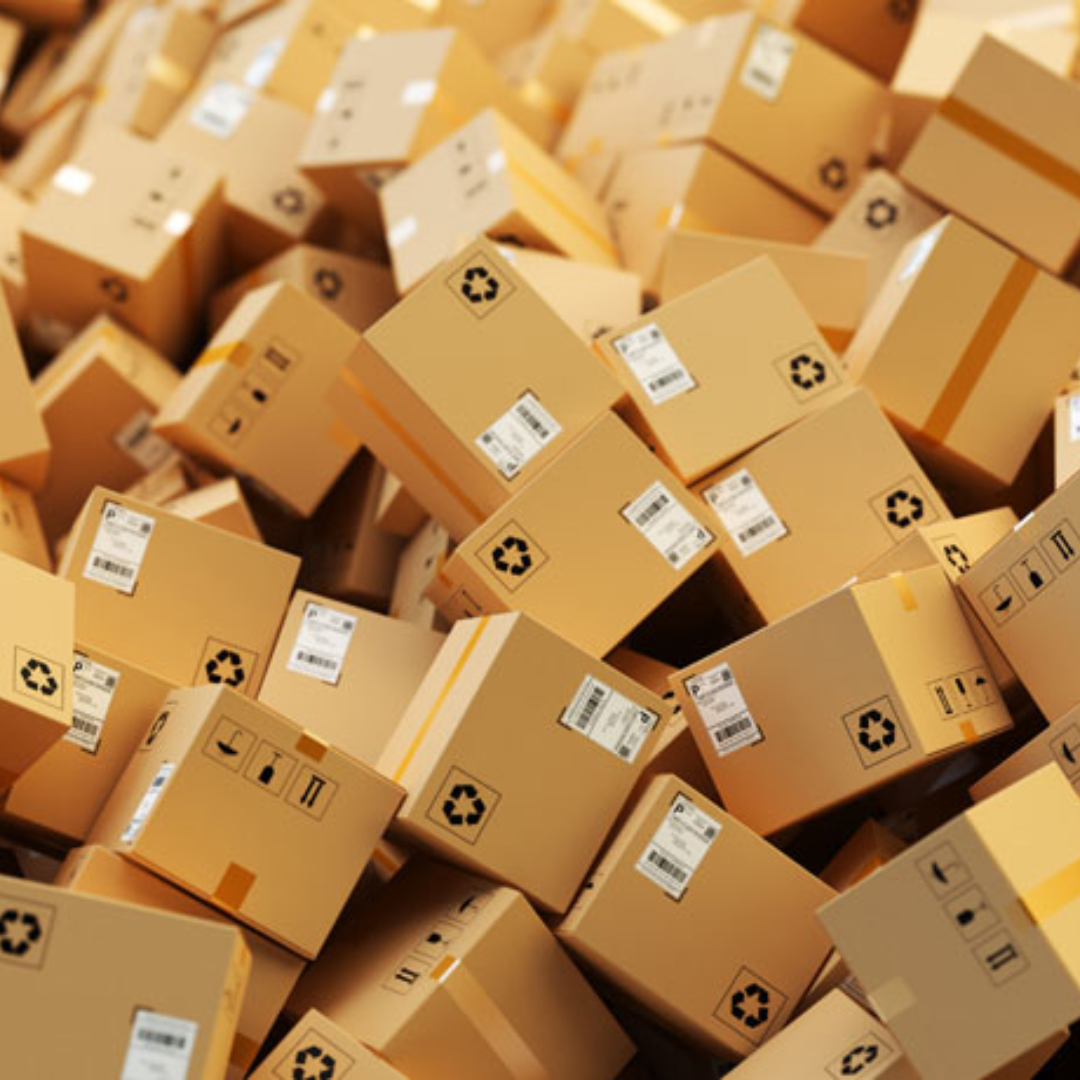 Stacked cardboard shipping boxes for co-packing fulfilment
